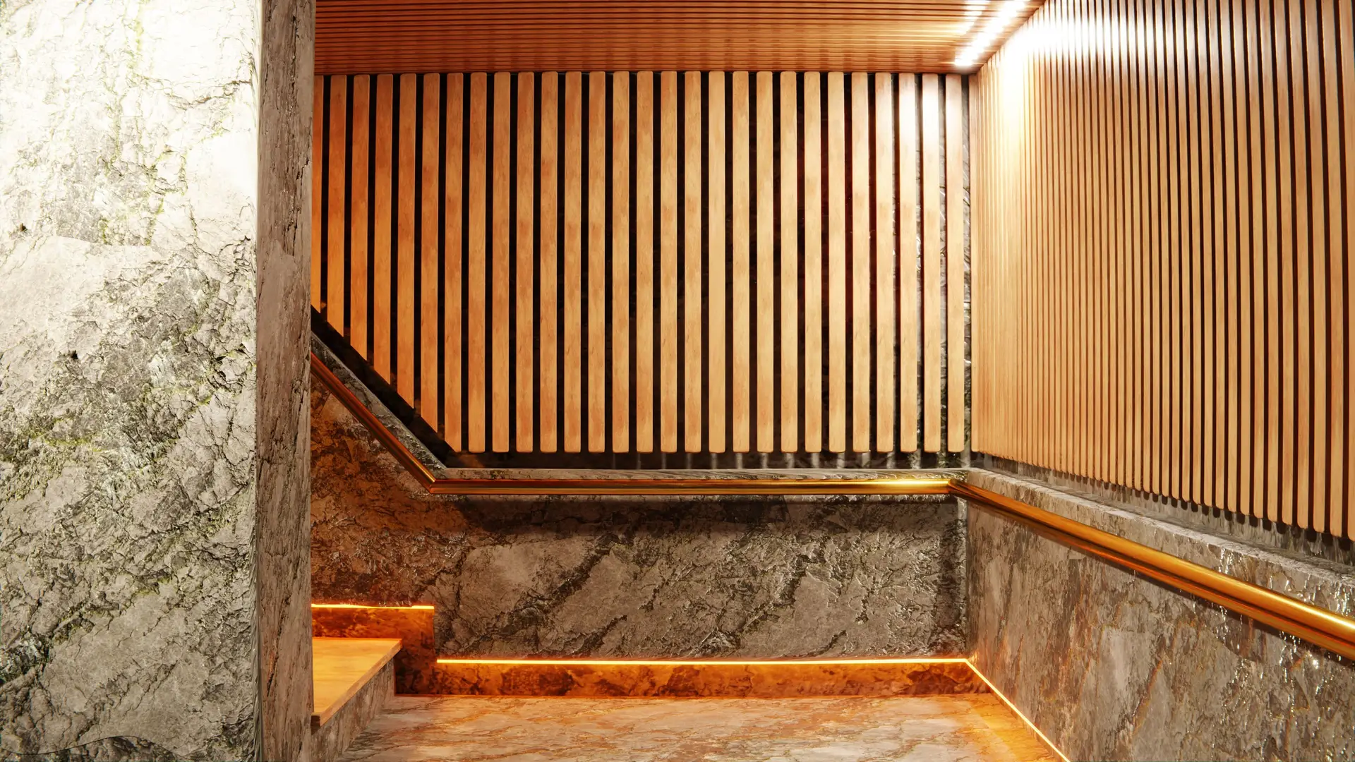 Artisanal staircase with precision architectural wood paneling and indirect ambient lighting