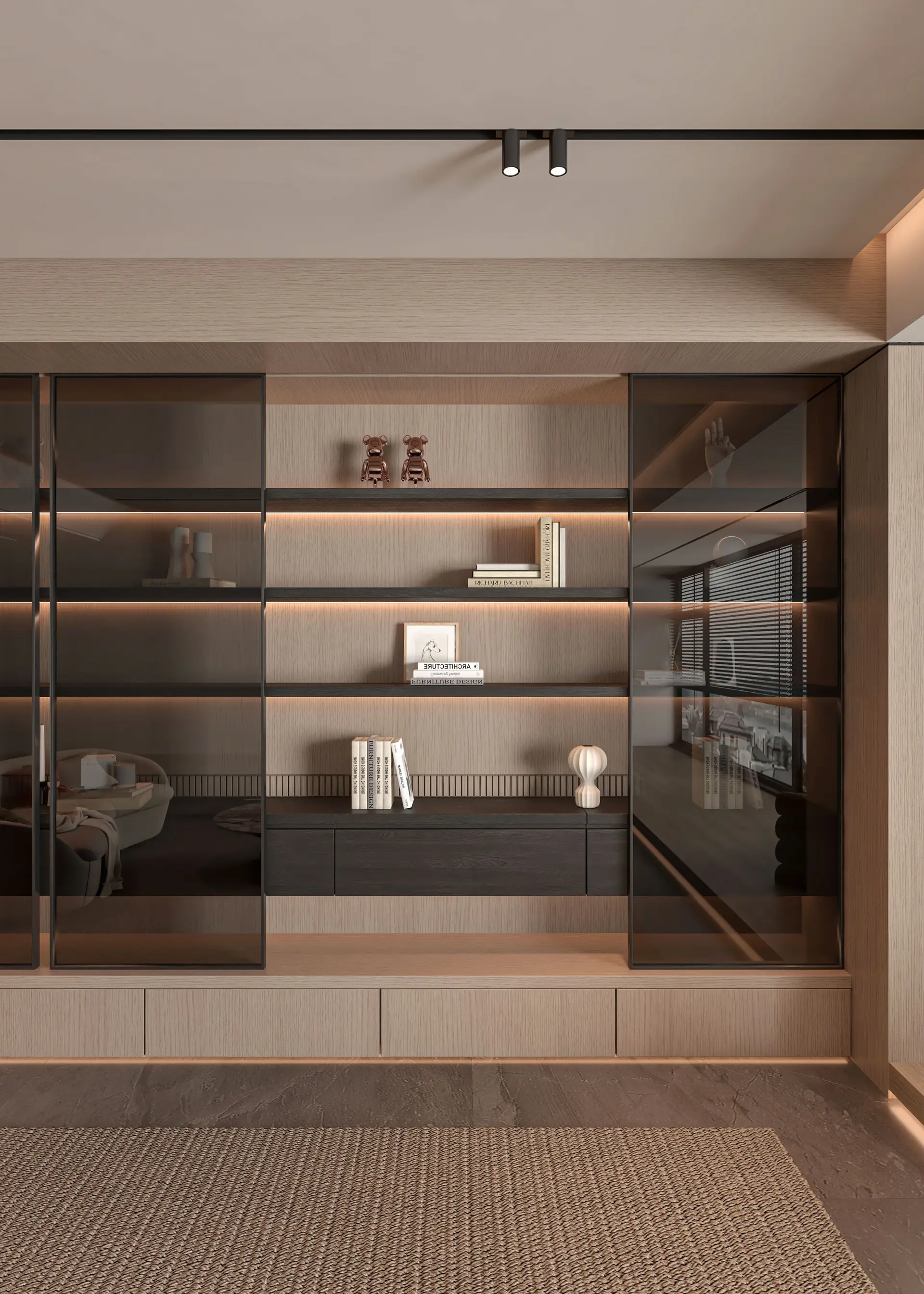Bespoke integrated timber library shelving