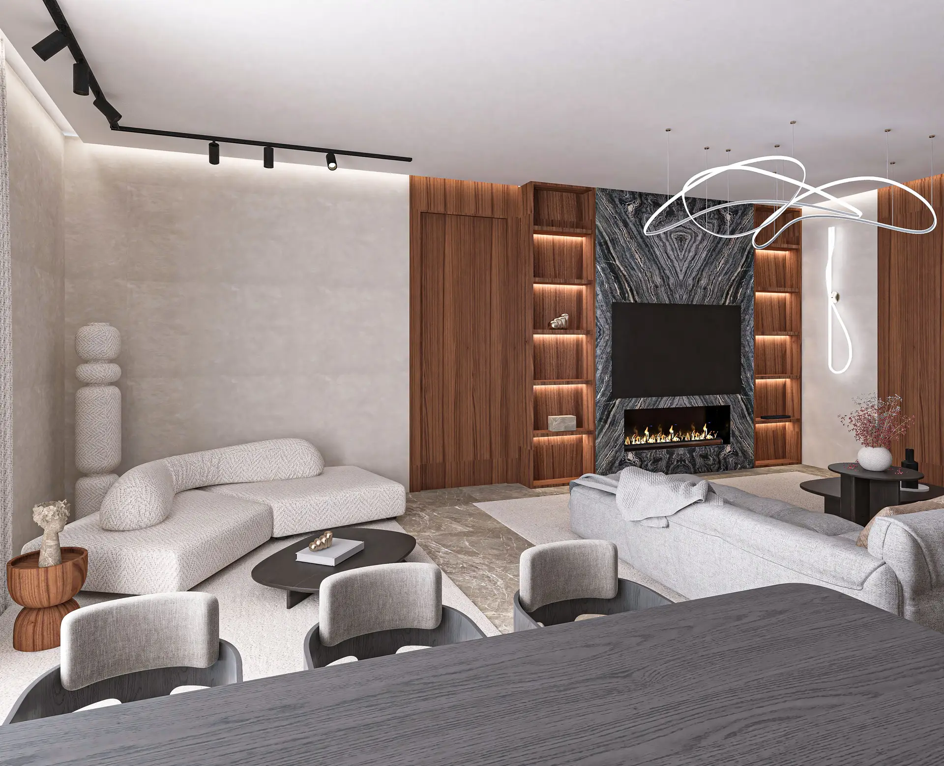 Bespoke luxury British interior with warm oak joinery, natural stone and refined tactile upholstery by Purelianqessara