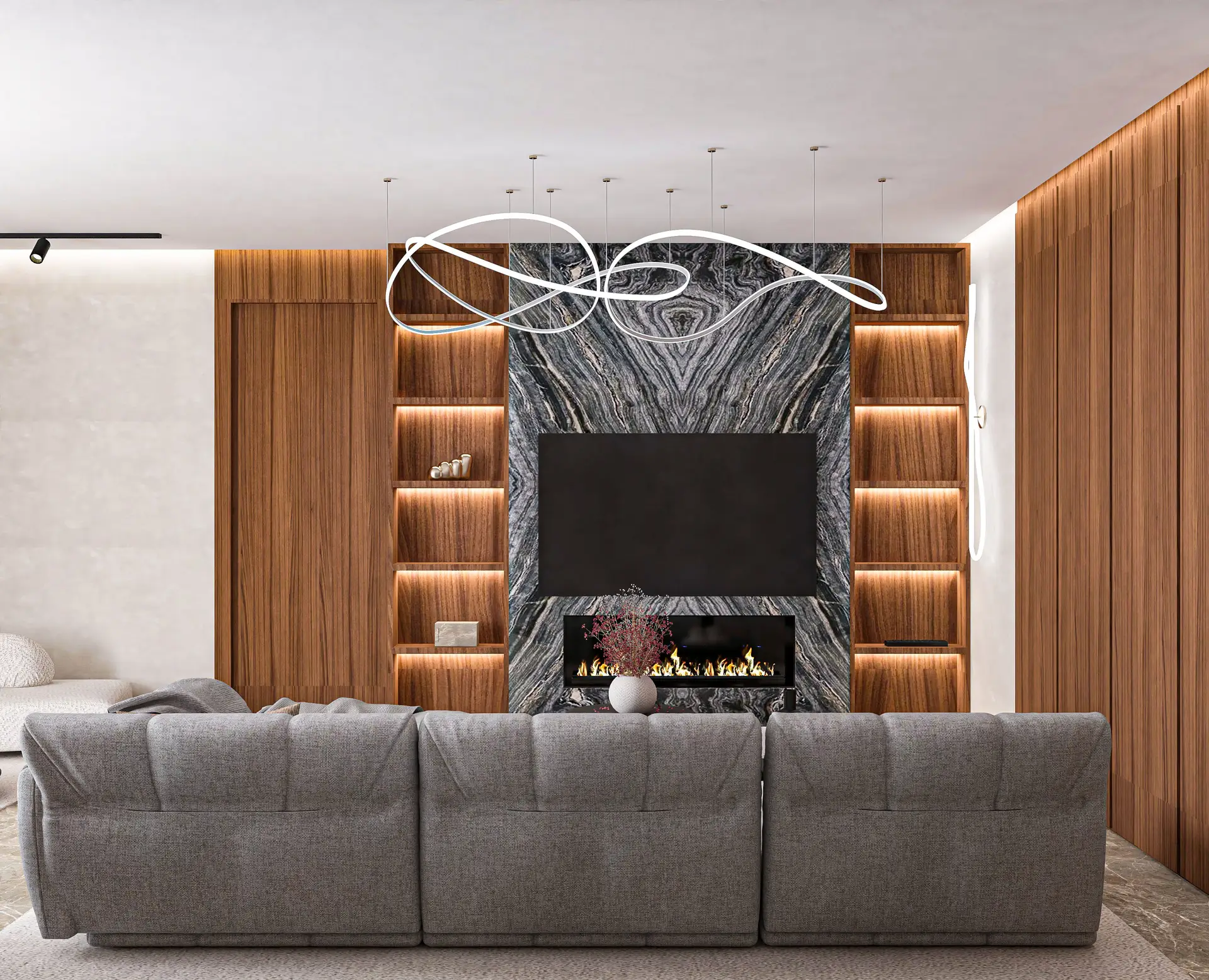 Completed interior architectural design project in Chelsea with fireplace and custom joinery